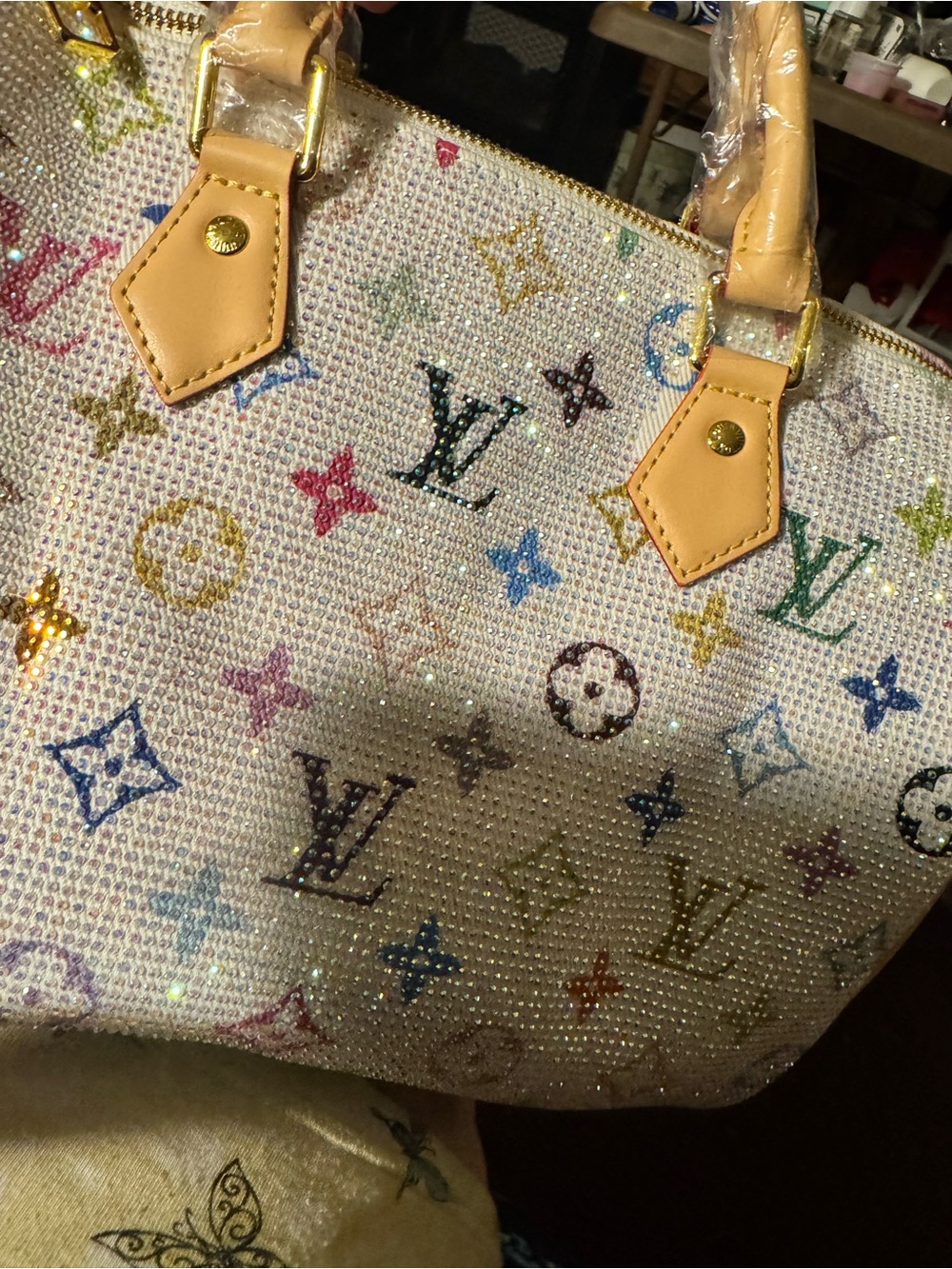 White Multicolor Canvas Satchel with Natural Leather Handles - Picture 11 of 11